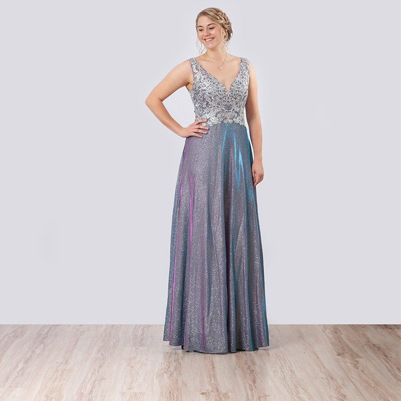 Langes Abendkleid in schimmerndem Blau-Silber mit Strass-Oberteil