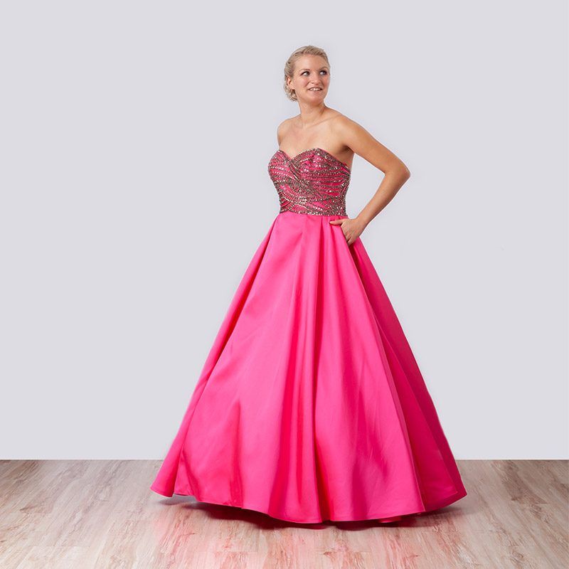 Pinkes Satin-Abendkleid mit perlenbesetztem Mieder