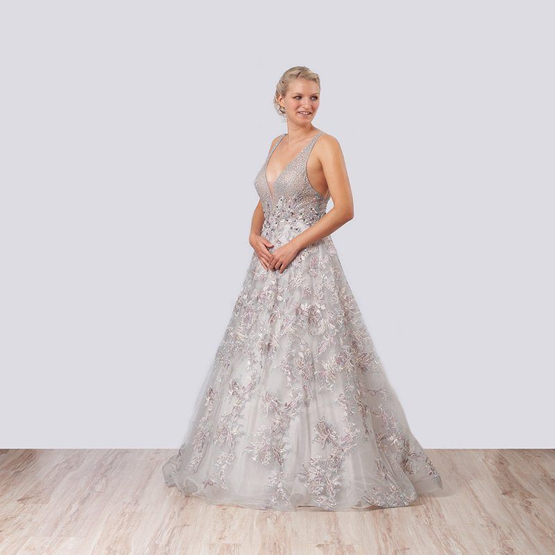 Silbergraues Abendkleid mit Spitze und V-Ausschnitt