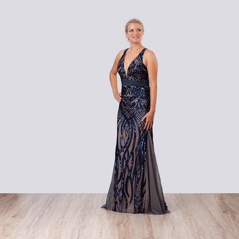 Schmales schwarzes Abendkleid mit Pailletten-Muster und V-Ausschnitt