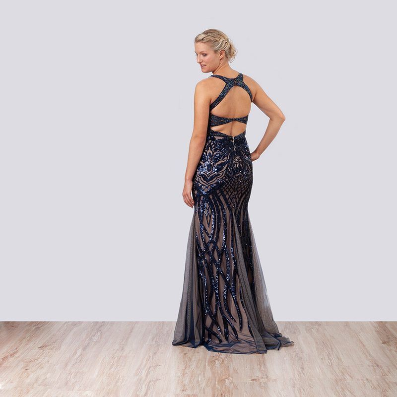 Schwarzes Pailletten-Abendkleid, Rückansicht mit Trägern
