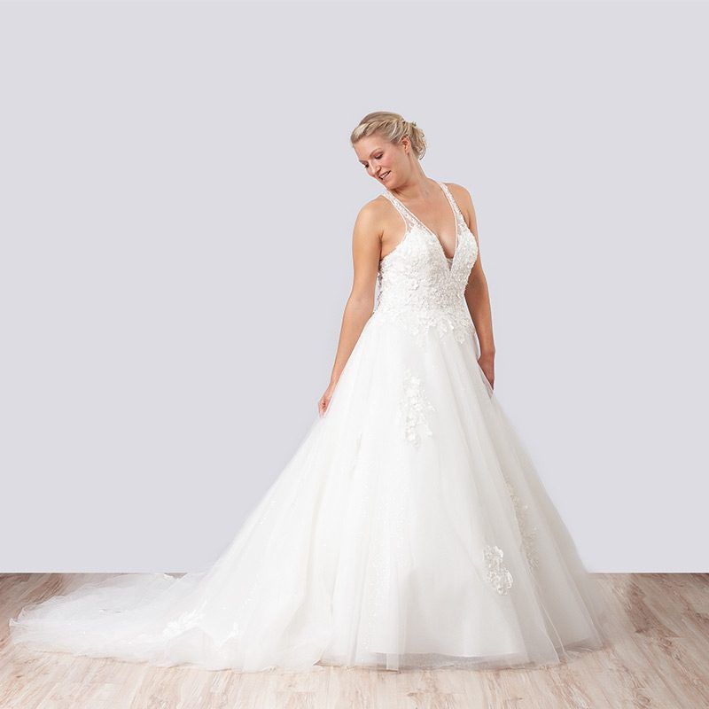Brautkleid in A-Linie mit V-Ausschnitt, Spitzenblüten und Tüllrock