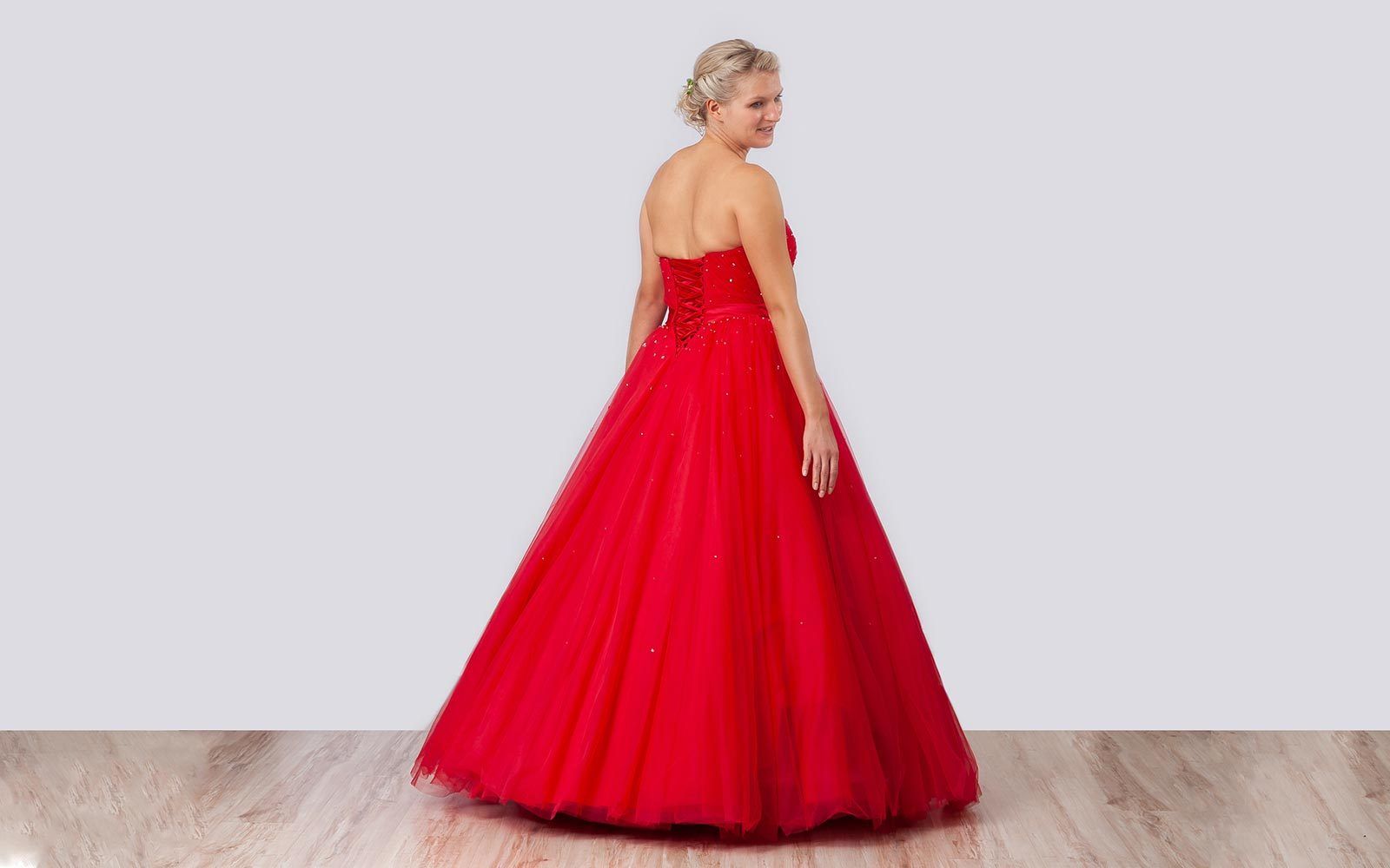 Rotes Tüllkleid mit Korsage, Rückansicht